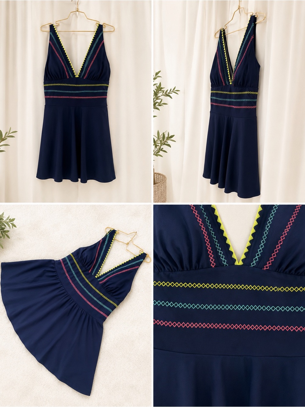 Women’s ' Navy One-Piece Swim Dress with Multicolor Stitching